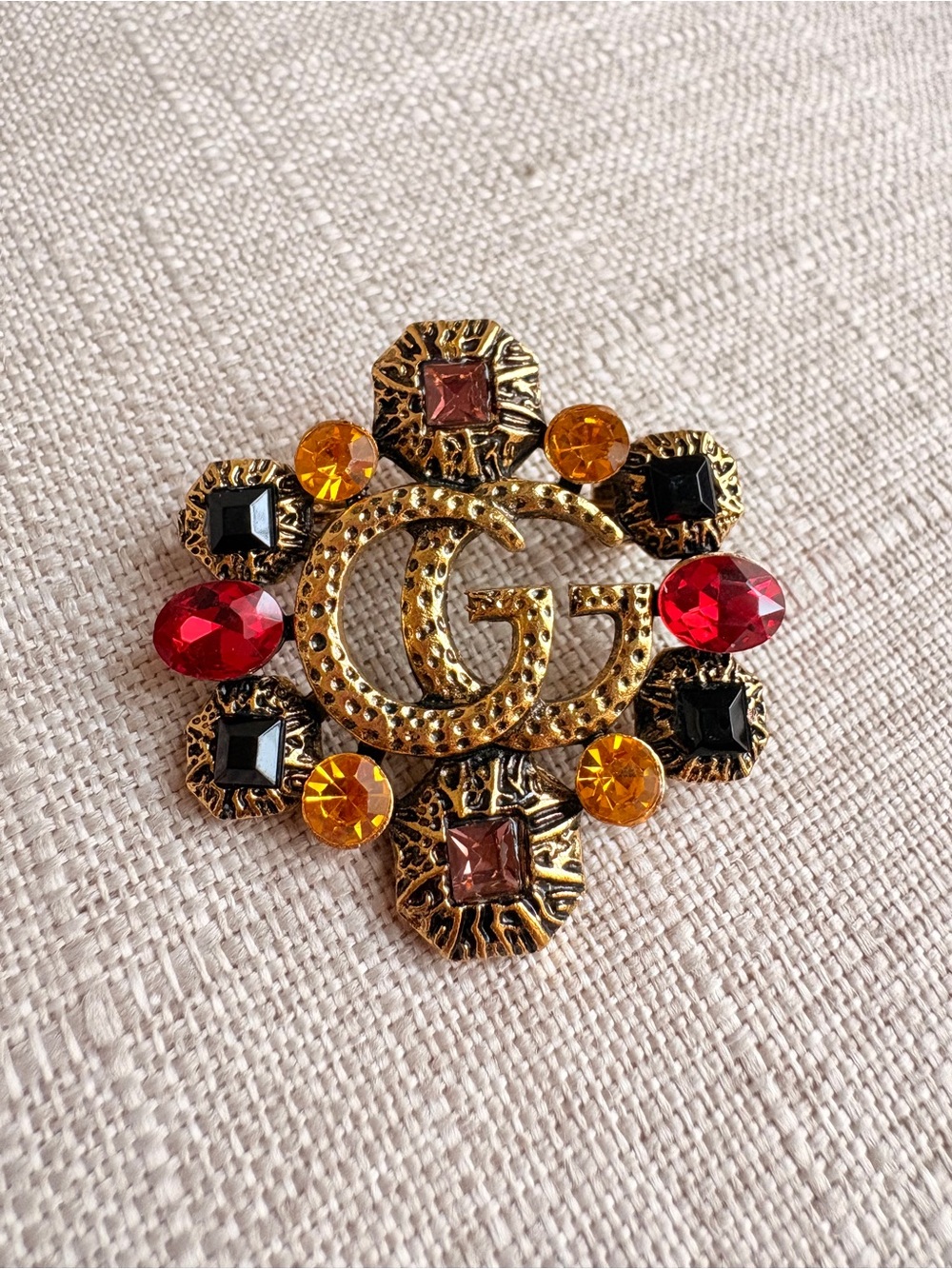 Gucci Gold-Tone Crystal Brooch with Red & Amber Stones